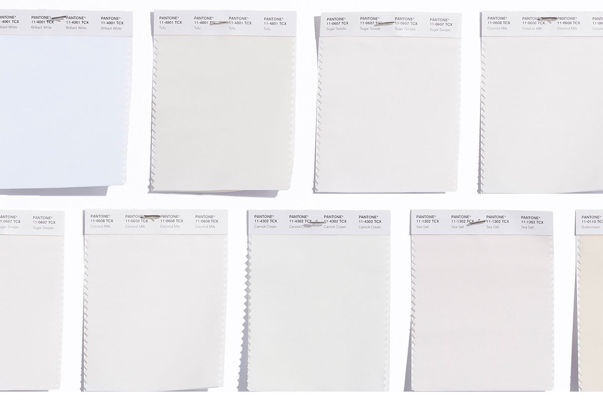 A selection of white Pantone swatches, each exhibiting unique undertones, illustrating the subtle variations within the white color spectrum.